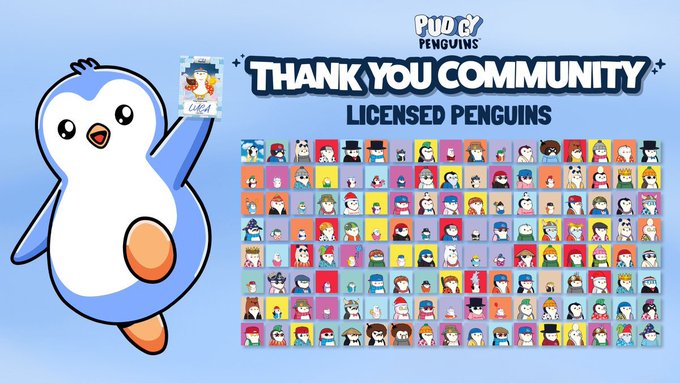 A 'Thank You Community' graphic for Pudgy Penguins, featuring a large cartoon penguin holding an NFT and a grid showcasing numerous licensed penguin character variations.