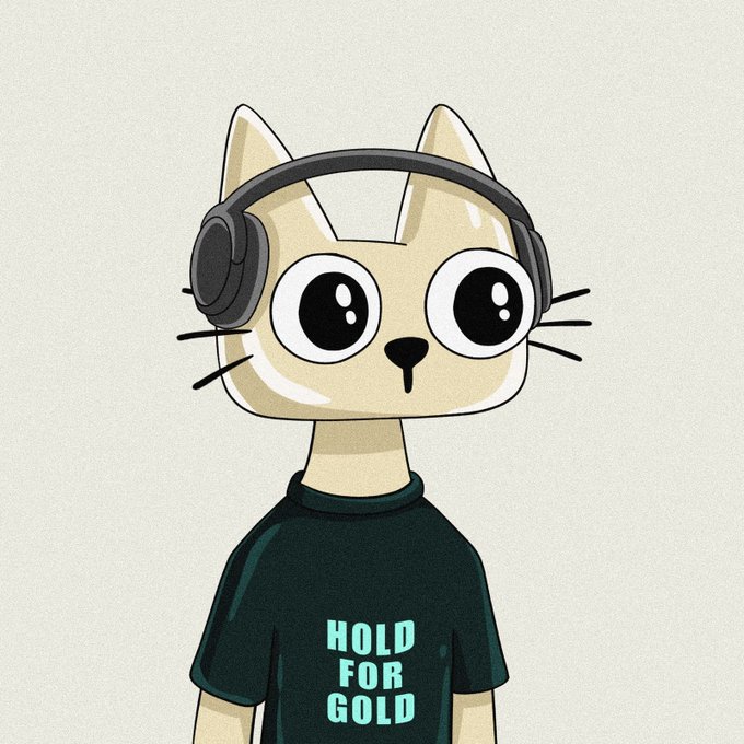 A cartoon cat wearing headphones and a dark t-shirt reading "HOLD FOR GOLD" stares directly at the viewer, fitting the "$cets" (cats) ticker reference while humorously promoting a long-term investment mindset.
