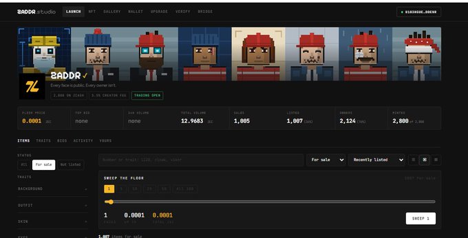 A screenshot of the 'BADDR studio' NFT marketplace shows a collection of pixel-art character avatars with statistics including a floor price of 0.0001 ETH, 1,805 listed, and a 24h volume of none.