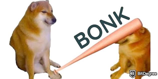 Two Shiba Inu dogs face each other, with one holding a baseball bat labeled 'BONK' aimed at the other; a BitDegree watermark appears in the corner.