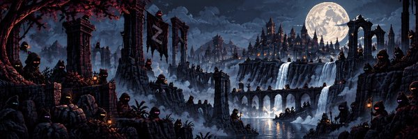 A dark, atmospheric pixel-art landscape featuring gothic castles, waterfalls, and a large full moon, dotted with small pumpkin-like figures along rocky cliffs.