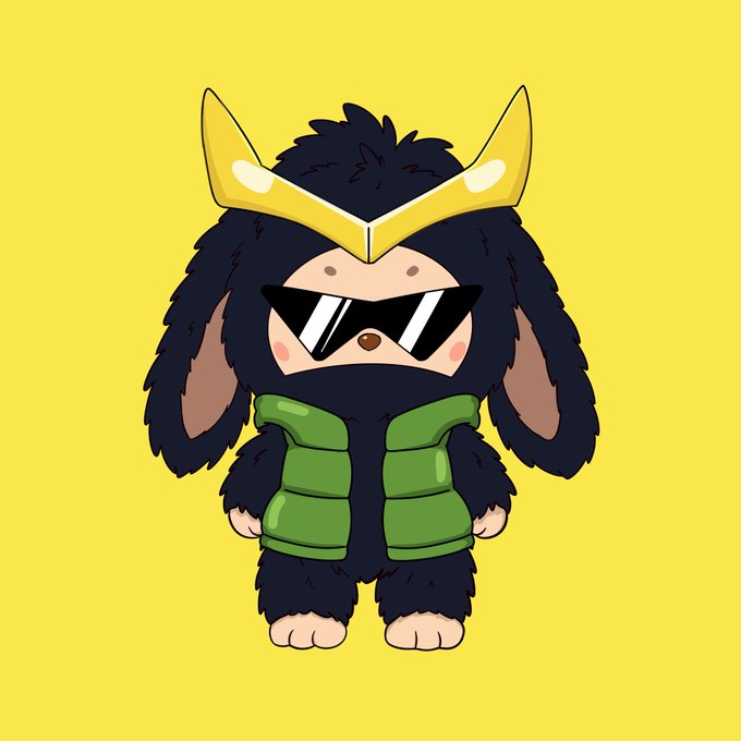 A chibi-style illustration features a black-furred character with long droopy ears, wearing yellow horn-like headgear, oversized sunglasses, and a green puffy vest, set against a bright yellow background. The image represents Loki the Bird, an NFT collection character, matching the post's announcement of a new hand-drawn 1/1 honorary piece.