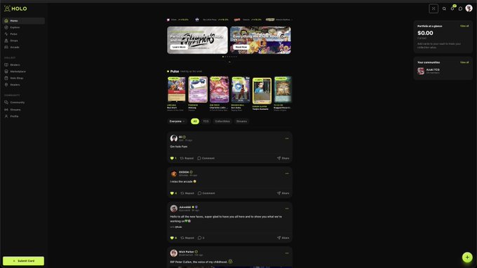 A dark-themed social media platform interface called 'HOLO' displaying a community feed with a 'Pulse' section featuring poll posts, a portfolio balance of $0.00, and a 'Next' button at the bottom.