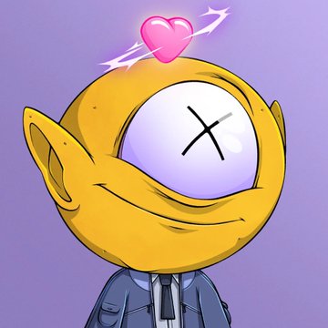 A cartoon illustration shows a yellow cyclops character wearing a blue suit and black tie, with a pink heart pierced by an arrow floating above its head against a purple background.