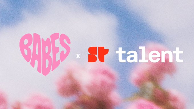 The image displays a partnership announcement featuring the "BABES" logo (in pink, stylized within a heart shape) alongside the "Superteam Talent" logo (with a red "st" icon), connected by an "x" symbol. The background shows a soft, blurred image of pink flowers against a blue sky, reinforcing the collaboration between BABES NET and Superteam Talent to help users find jobs in the Solana Ecosystem.
