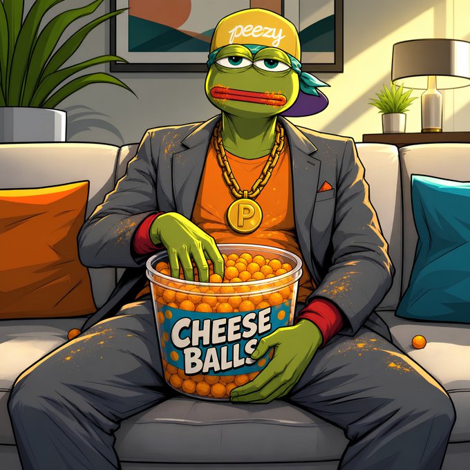Cartoon Pepe-style frog wearing a 'peezy' cap and gold chain, eating cheese balls from a large tub on a couch.