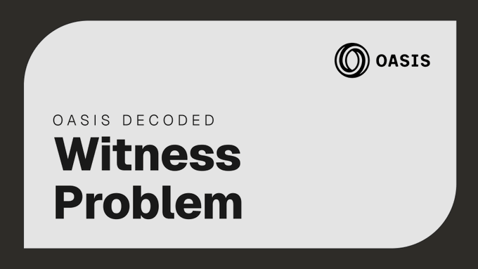 The image is a clean, minimalist title card with the text "OASIS DECODED — Witness Problem" and an "OASIS" logo in the top right corner, visually introducing the first installment of a series about the challenge of proving events without exposing private data.