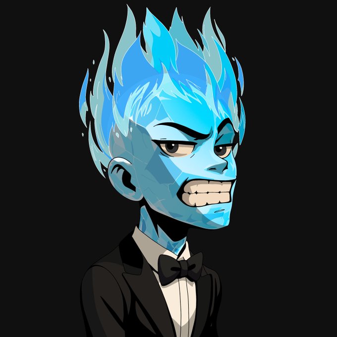 An animated illustration of a character with blue skin and flame-like blue hair, wearing a black tuxedo with a bowtie and showing a clenched-teeth grimace against a dark background.