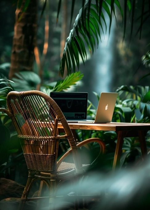 A serene jungle workspace featuring a wicker chair and wooden desk with two laptops, one displaying an Apple logo, surrounded by lush tropical foliage and soft light filtering through.