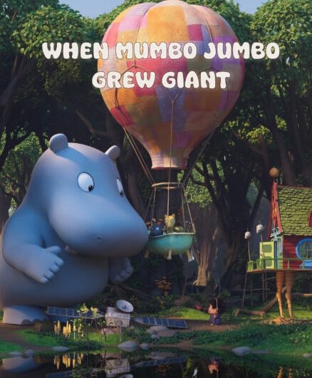 A giant Moomin (Mumbo Jumbo) stands next to a hot air balloon in a whimsical forest setting with the text "WHEN MUMBO JUMBO GREW GIANT" overlaid. The image ties into the "you're never alone if you hold $tibbir" message by visually embodying the idea of a larger-than-life, reassuring companion.