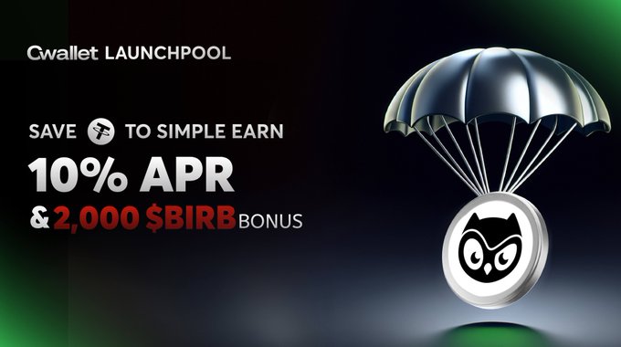 A promotional banner for 'Cwallet LAUNCHPOOL' offering '10% APR & 2,000 $BIRB BONUS' featuring a coin with an owl logo descending on a parachute against a dark background.