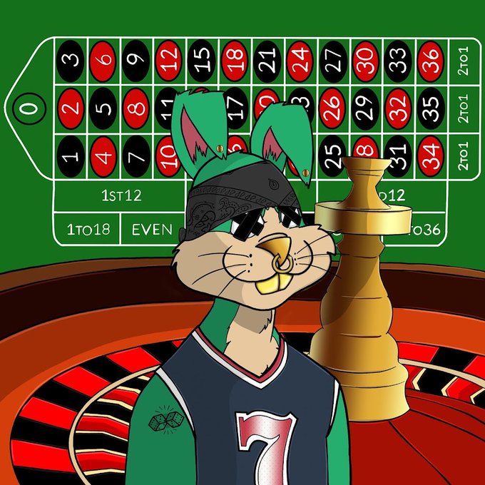 An illustration of a green rabbit-like mascot wearing a bandana, sunglasses, and a jersey with the number 7, holding a gold casino chip tower, set against a roulette table layout with betting options.