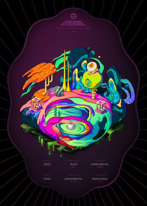 A vibrant, psychedelic concert poster for the band OneSoul featuring a colorful, surreal alien landscape with the text 'ACID - CHEMICAL 000' and listing abstract track names like 'Dimensional' and 'Psychosilk'.