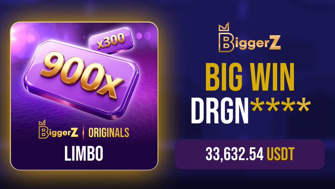 The image shows a BiggerZ Originals Limbo game screenshot displaying a "900x" multiplier, with text announcing a "BIG WIN DRGN\*\*\*\*" payout of 33,632.54 USDT, reinforcing the post's message about holding out for a massive 900x win rather than cashing out early.