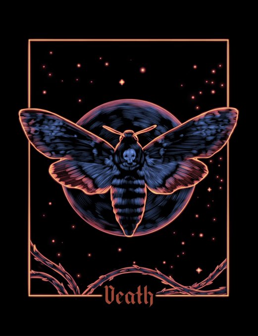 The image features a digital art piece that depicts a moth with a skull on its back, surrounded by stars and a crescent moon. The word "Death" is written below the moth. The artwork is posted on social media, possibly as part of a collection or series.