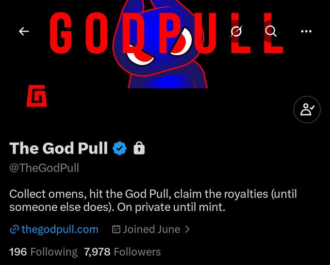 The image shows the Twitter profile of "The God Pull" (@TheGodPull), a verified account with 7,978 followers, featuring a blue cartoon devil mascot and the bio "Collect omens, hit the God Pull, claim the royalties (until someone else does)." This relates to the accompanying post by @betty_nft promoting the upcoming 1,111-supply NFT collection launching July 27, highlighting her track record with the successful Deadfellaz collection.