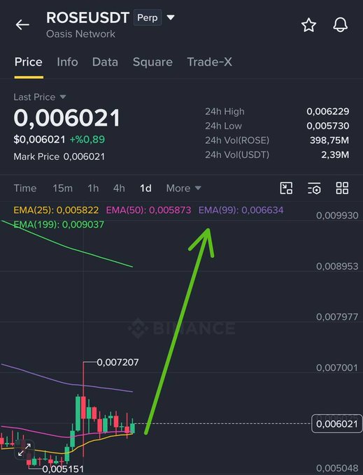 A Binance trading chart for ROSE/USDT Perpetual showing a last price of 0.006021, with a green arrow pointing toward the EMA(99) line at 0.009037.