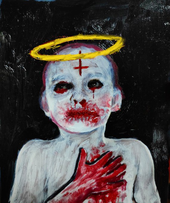 A dark painting of a pale child with a yellow halo, an inverted red cross on the forehead, blood-red eyes and mouth, and a red hand on the chest.