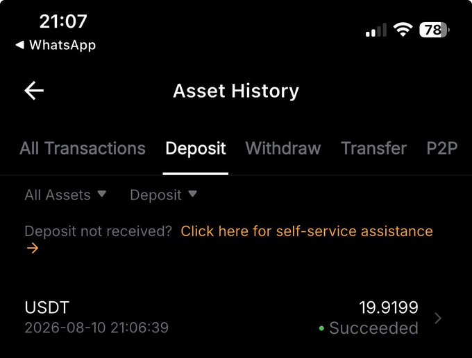 A screenshot of an 'Asset History' page on a crypto exchange mobile app, accessed via WhatsApp, displays a 'Deposit' tab showing a successful USDT deposit of 19.9199 on 2026-08-10 at 21:06:39.