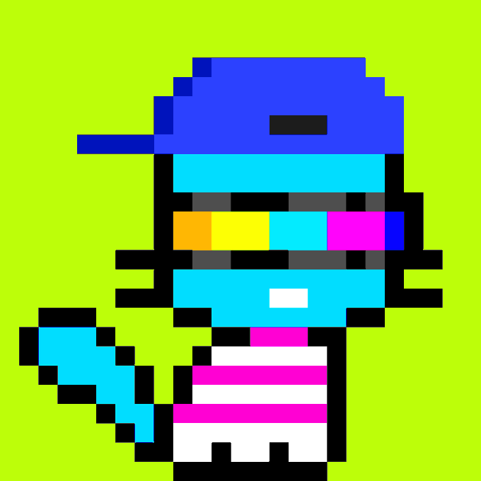 A pixel-art character with a blue cap, cyan face and headphones, and a magenta-and-white striped shirt stands against a lime-green background, serving as a colorful, eye-catching mascot that complements the "Minting Tomorrow" NFT drop announcement.