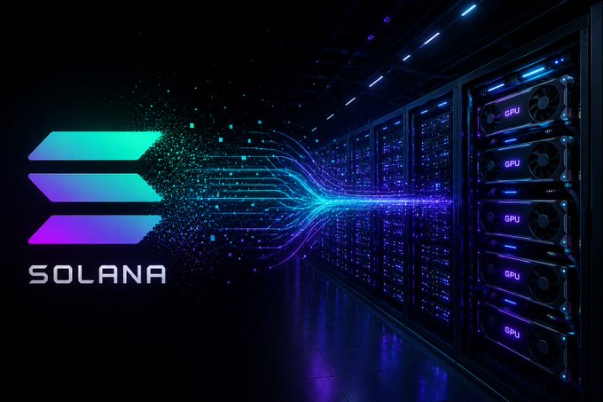 The image features a dark background with a purple logo of Solana and blue lines extending outwards. This could represent an AI (Artificial Intelligence) system that is analyzing the stock market, particularly focusing on Bitcoin prices. The lines are connected to the Solana logo, symbolizing the integration of this platform into the data analysis process. In addition, there is a quote in black text at the bottom of the image that reads "BREAKING: solana to pivot to ai data center to send the price action 100% up". This quote emphasizes the potential impact and growth of Solana AI on stock market trends.