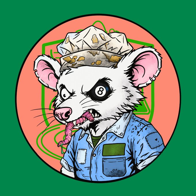 Illustration of an angry white rat wearing a chef's hat and denim jacket, holding a worm in its mouth, set against a green and pink circular background.