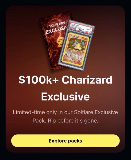 An advertisement for 'Solflare Exclusive' packs features a graded Charizard Pokémon card with the headline '$100k+ Charizard Exclusive' and a button to 'Explore packs'.