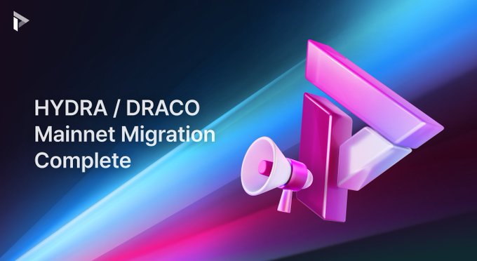 A sleek graphic featuring a pink and white megaphone alongside a stylized 3D logo, with bold text reading "HYDRA / DRACO Mainnet Migration Complete," visually announcing the successful WEMIX3.0 mainnet migration for MIR4's key tokens and the resumption of blockchain services following the security review.
