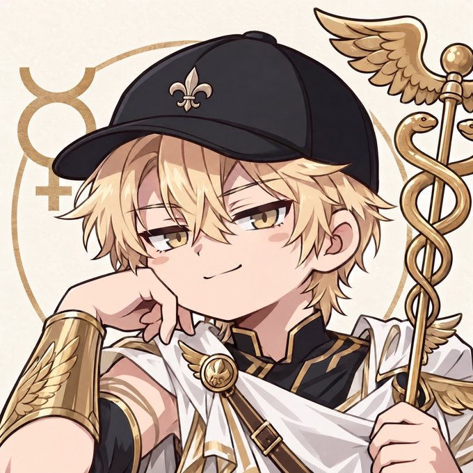 An anime-style character with blonde hair wears a black cap featuring a fleur-de-lis emblem, a white and black outfit adorned with gold details, and holds a caduceus staff—symbolic accessories representing Hermes. The astrological symbols in the background (Mercury) and the winged sandals/bracelet reinforce the "Hermes arc" theme of this new profile picture.