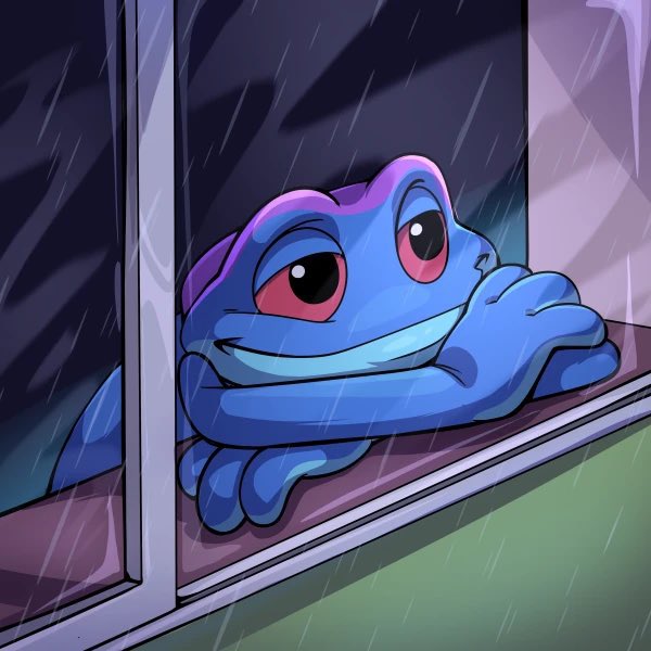 An illustration of a sad blue cartoon frog looking out of a window in the rain, with droopy eyes and a frown.