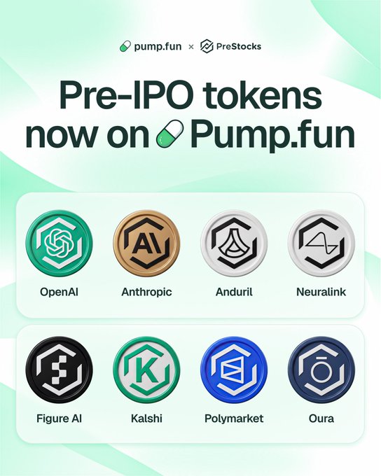 Pump.fun announces Pre-IPO token trading with PreStocks, showcasing tokens for major private companies like OpenAI, Anthropic, Anduril, Neuralink, Figure AI, Kalshi, Polymarket, and Oura.