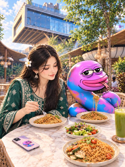 A woman with a flower in her hair eats noodles at an outdoor table alongside a purple cartoon character, with a smartphone and a green smoothie visible on the table.