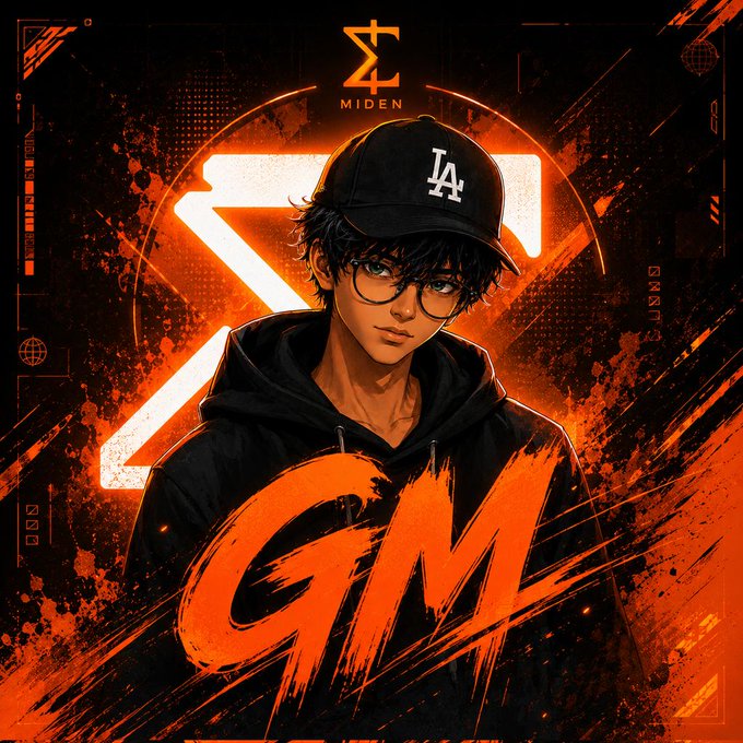 A digital illustration in an orange and black color scheme featuring a young man wearing an 'LA' cap and glasses, with the text 'MIDEN' at the top and stylized graffiti-style lettering reading 'GM' at the bottom.