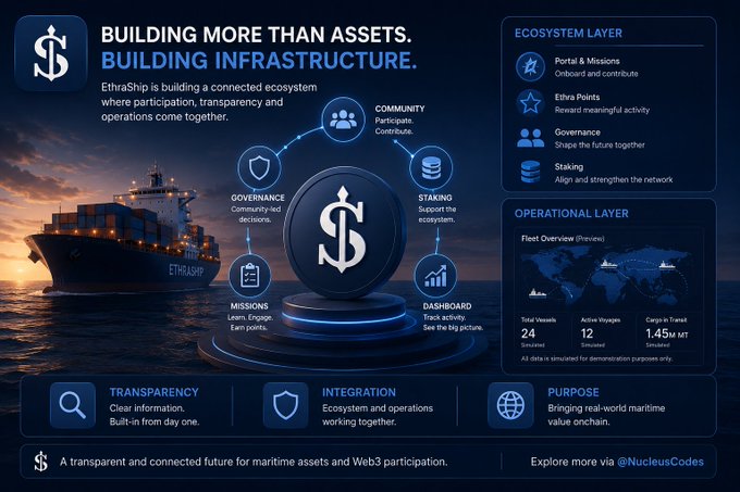 An infographic titled 'BUILDING MORE THAN ASSETS. BUILDING INFRASTRUCTURE.' for EthraShip, detailing its ecosystem layer, operational layer, and core values like transparency and integration.