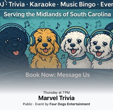 An event flyer for 'Marvel Trivia' hosted by Four Dogs Entertainment at 'DJ's' on Thursday at 7 PM, featuring a cartoon illustration of four dogs wearing headphones with musical notes.