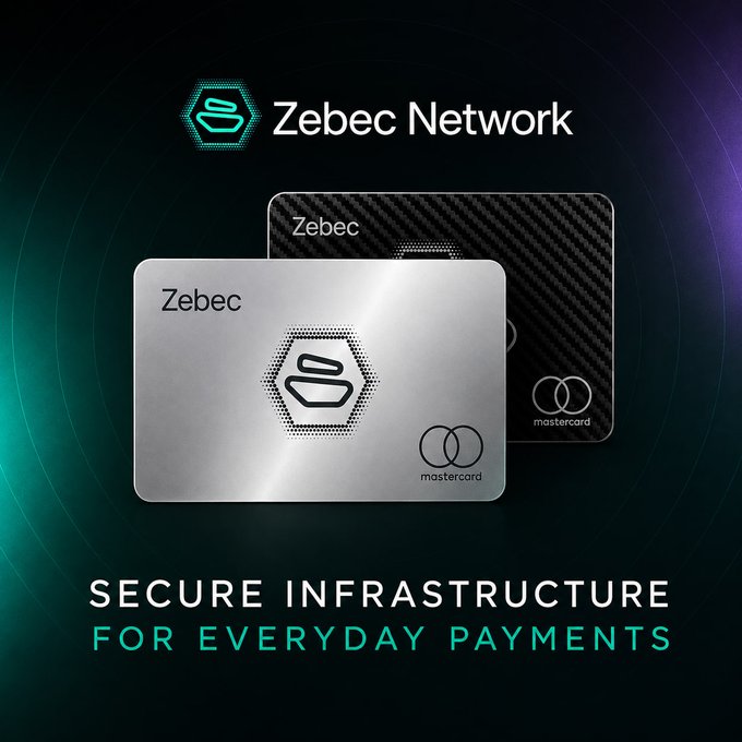 The image showcases two Zebec Network Mastercard cards—one metallic silver and one black carbon-fiber—promoting "SECURE INFRASTRUCTURE FOR EVERYDAY PAYMENTS," which aligns with the post's emphasis on reducing smart contract risks by converting crypto to fiat upon card load.