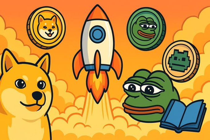 A cartoon illustration featuring a Shiba Inu dog, a rocket ship, a Pepe frog, a book, and cryptocurrency coins (Dogecoin-style and pixel-style) against an orange cloudy background.