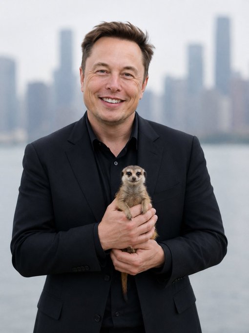A smiling man identified as Elon Musk in a black suit holds a meerkat against a city skyline and waterfront backdrop.