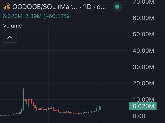 The image shows a cryptocurrency chart for OGDOGE/SOL, indicating a trading volume of 6.020M and a recent gain of +66.17%. This visually supports the post's message about continued belief in price discovery for OGDOGE.