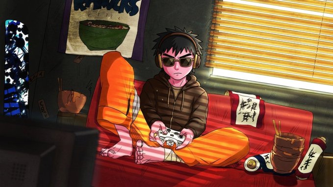 A young man with headphones and sunglasses lounges on a red couch in striped pajamas, intensely gaming on a controller, with takeout containers and a beer can nearby. The cozy, carefree scene pairs with the post's laid-back "stay paid and rage bait" energy, capturing that vibe of unwinding with snacks, games, and a no-chill attitude toward mutuals.