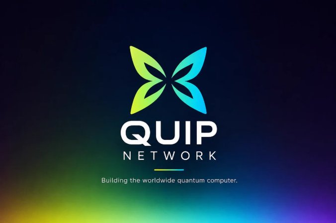 A logo graphic for 'QUIP NETWORK' with a stylized butterfly icon in green and blue gradient colors, with the tagline 'Building the worldwide quantum computer.' on a dark background.
