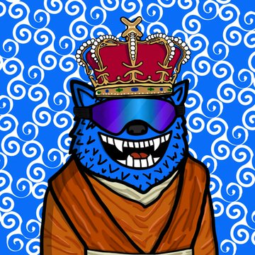A cartoon illustration of a grinning blue bear wearing purple sunglasses, a crown, and an orange robe against a blue swirl-patterned background.