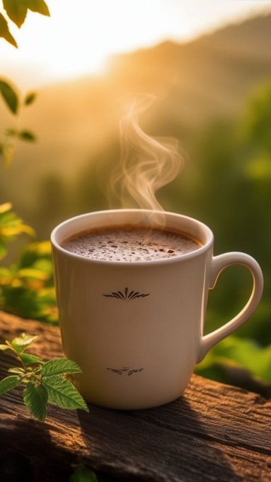 A steaming cup of hot chocolate sits on a wooden surface, framed by green leaves with a sunlit, golden-hour background. The image evokes the cozy "Good morning CT" greeting, suggesting a relaxed start to contrast with the urgency of the post's message about Web3's flawed early-access system where being first beats merit, much like grabbing that first comforting sip before the rush begins.