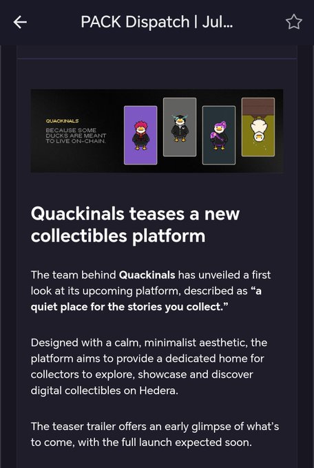 PACK Dispatch news article announcing Quackinals' new collectibles platform on Hedera, described as 'a quiet place for the stories you collect,' featuring a teaser image of duck collectible characters.
