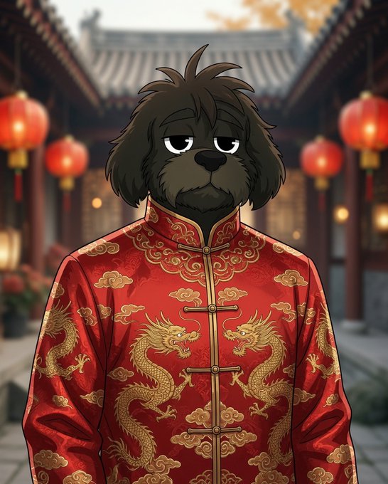An anthropomorphic dog with shaggy black fur stands wearing an ornate red and gold Chinese tang suit adorned with dragon motifs, set against a traditional courtyard decorated with red lanterns. The "Mai Miluo gou" caption likely refers to the dog's melancholic expression, as "mai" means "to buy/sell" and "miluo" is a Tibetan breed, humorously presenting the character as if for sale in a traditional Chinese setting.