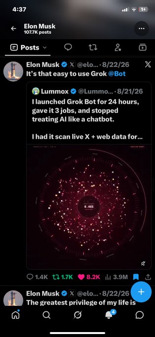 An X (Twitter) post by Elon Musk referencing Grok Bot, quoting a Lummox tweet about training AI for 24 hours to scan live X and web data.
