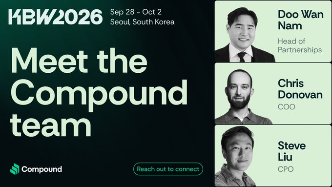 A promotional graphic for KBW2026 (Sep 28 - Oct 2, Seoul, South Korea) titled 'Meet the Compound team,' featuring headshots and titles for Doo Wan Nam (Head of Partnerships), Chris Donovan (COO), and Steve Liu (CPO).