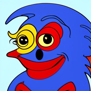 A cartoonish illustration of a blue creature with mismatched yellow and red eyes, large red lips, and a goofy expression, humorously representing an exaggerated "celebrity lookalike" to contrast with the user's plain self in the "me vs the celebrity i look like" format.