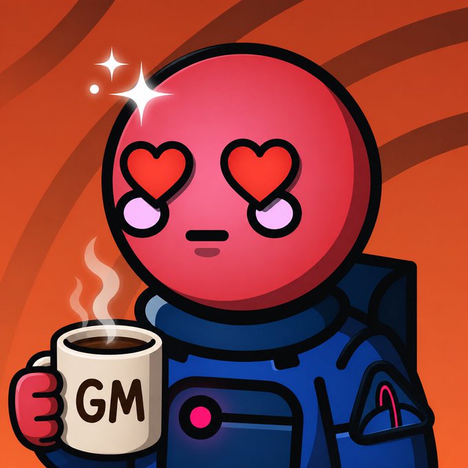 A cartoon illustration of a red character with heart-shaped eyes wearing a blue spacesuit, holding a steaming mug labeled 'GM' against an orange swirled background.
