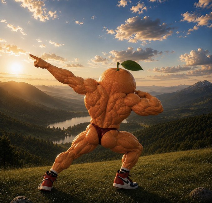 A muscular orange-headed figure in athletic wear poses optimistically at sunrise with a scenic mountain backdrop, symbolizing growth and new highs.